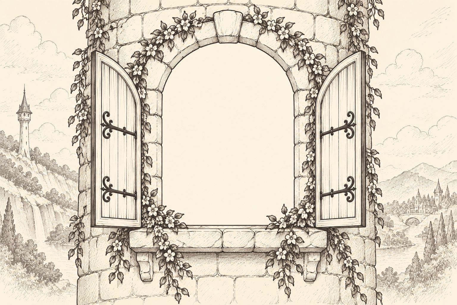 A castle window open with flowers surrounding the opening with mountains in the background drawn in a graphite style.